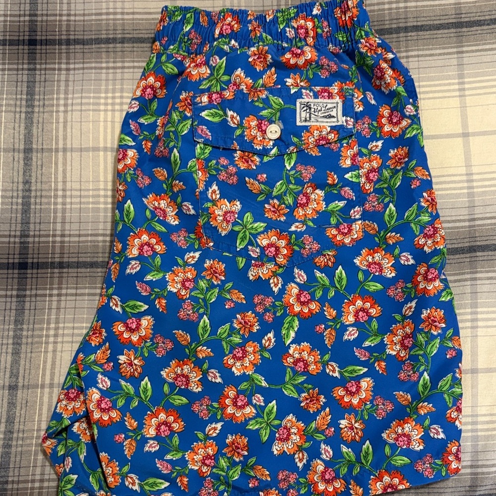 Ralph Lauren Blue Floral Swim Trunks with Orange-Red Flowers